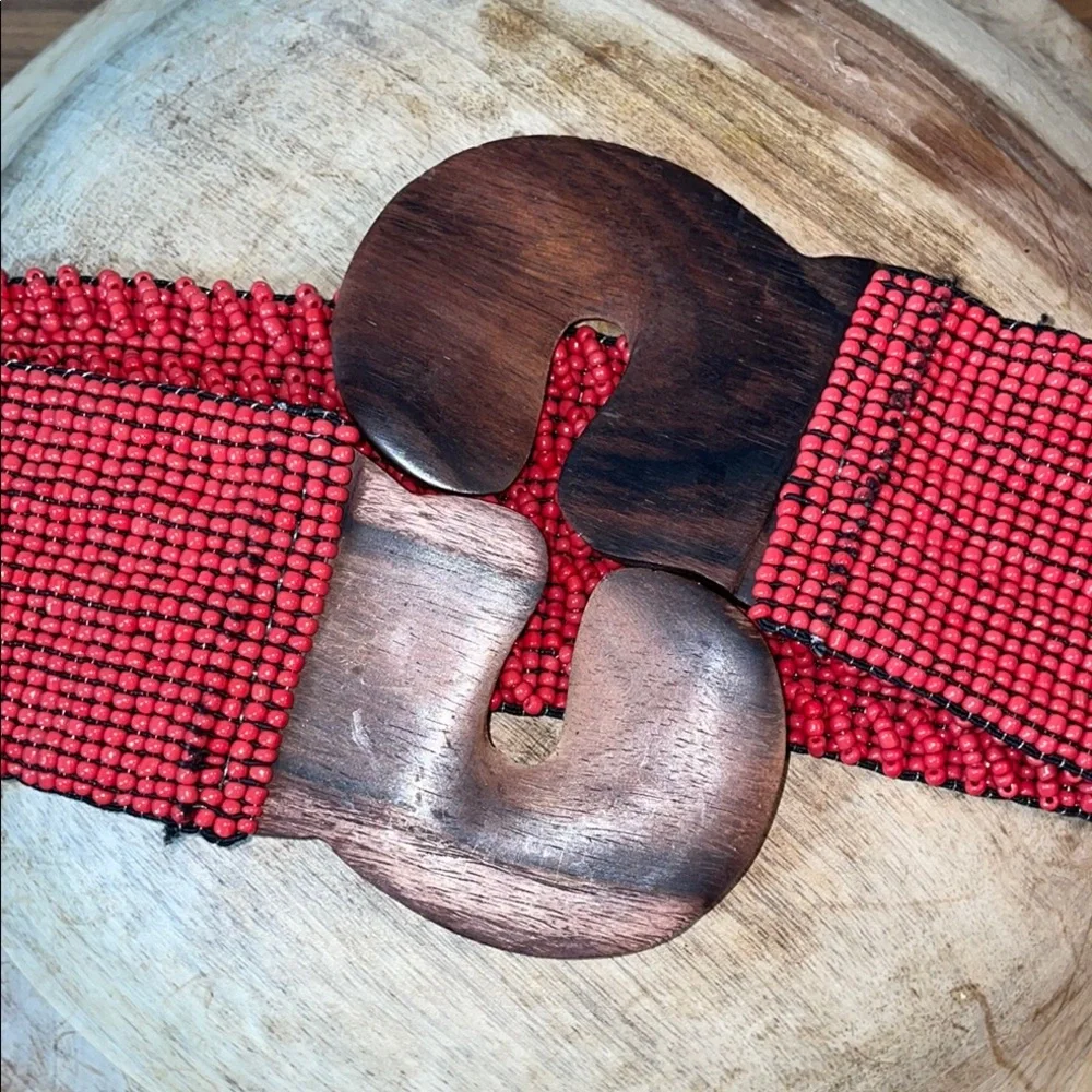 Boho Cowgirl Red Beaded Stretch Belt Wood Buckle Wide Artisan Small Southwest